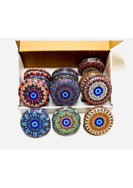 Otantik Mandala Tasarımlı Nazar Boncuklu Büyüteçli Kozmetik Yuvarlak Cep Çanta Aynası Kapaklı El Makyaj Aynası 7cm modelleri
