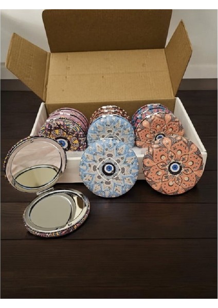 Otantik Mandala Tasarımlı Nazar Boncuklu Büyüteçli Kozmetik Yuvarlak Cep Çanta Aynası Kapaklı El Makyaj Aynası 7cm fırsatları