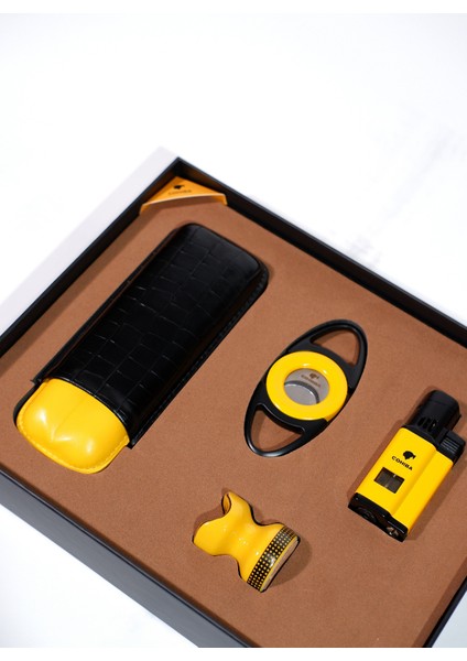 Çakmak Kesici Kılıf Sehpa Sarı-Siyah Dörtlü Puro Seti fiyatları