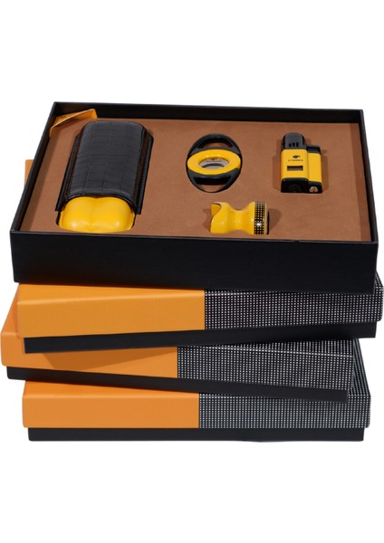 Çakmak Kesici Kılıf Sehpa Sarı-Siyah Dörtlü Puro Seti fırsatları