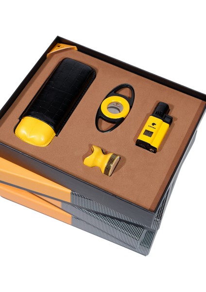 Çakmak Kesici Kılıf Sehpa Sarı-Siyah Dörtlü Puro Seti indirimleri