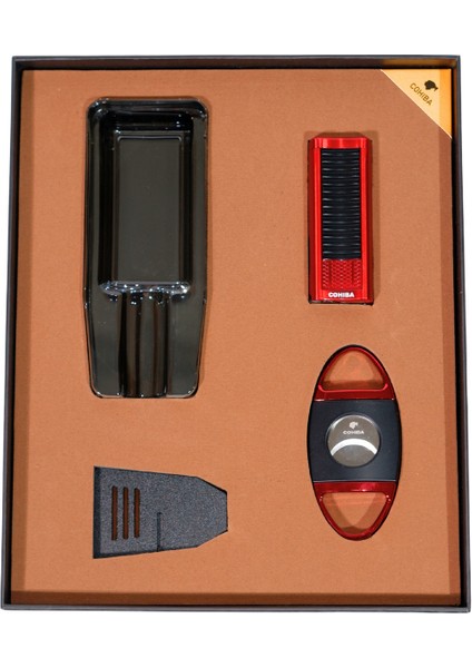 Çakmak Kesici Küllük Sehpa Siyah-Kırmızı Dörtlü Puro Seti