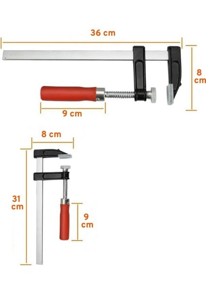 2 Adet F Tipi Işkence 50X300MM ve 50X250 mm Ahşap Saplı Mengene modelleri