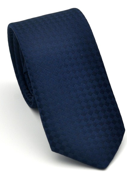 Lacivert Piti Kare Desenli Lacivert Dokuma Kumaş Mendilli Slim Fit Kravat // SDK-2503-2
