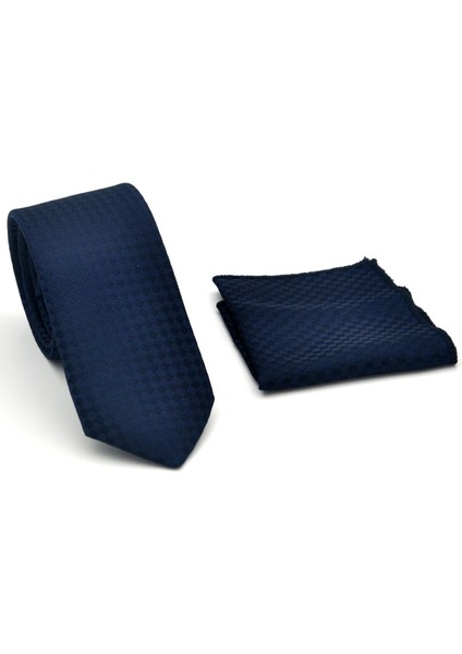 Lacivert Piti Kare Desenli Lacivert Dokuma Kumaş Mendilli Slim Fit Kravat // SDK-2503-2 fiyatları