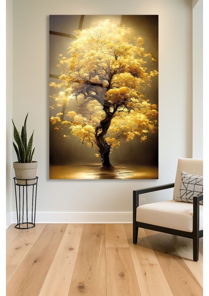Sarı Yapraklı Ağaç Manzaralı Cam Tablo, Modern Ev ve Ofis Dekoru