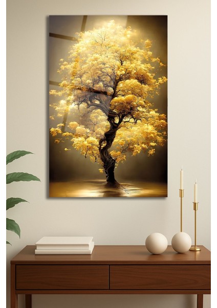 Sarı Yapraklı Ağaç Manzaralı Cam Tablo, Modern Ev ve Ofis Dekoru modelleri