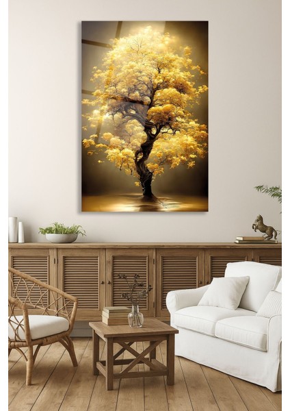 Sarı Yapraklı Ağaç Manzaralı Cam Tablo, Modern Ev ve Ofis Dekoru indirimleri