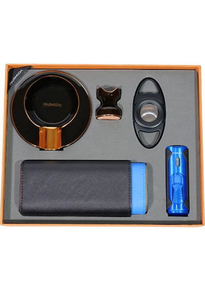 Çakmak Kesici Küllük Kılıf Sehpa Siyah-Mavi Beşli Puro Seti