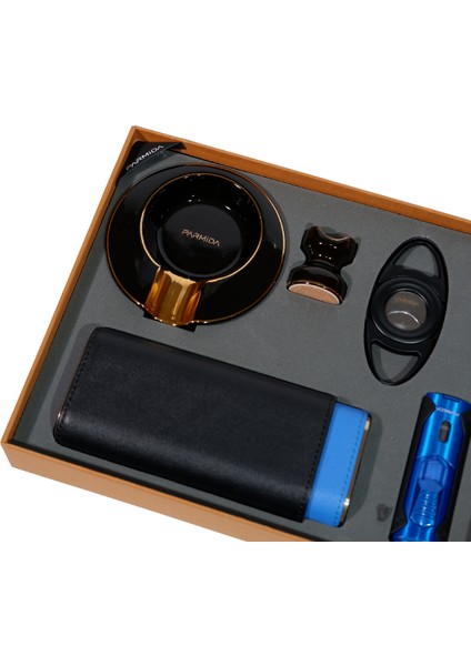 Çakmak Kesici Küllük Kılıf Sehpa Siyah-Mavi Beşli Puro Seti fiyatları