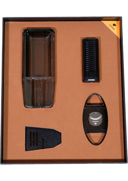 Çakmak Kesici Küllük Sehpa Siyah Dörtlü Puro Seti