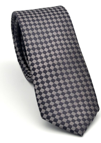 Kahverengi Piti Kare Desenli Vizon Dokuma Kumaş Mendilli Slim Fit Kravat // SDK-2503-3