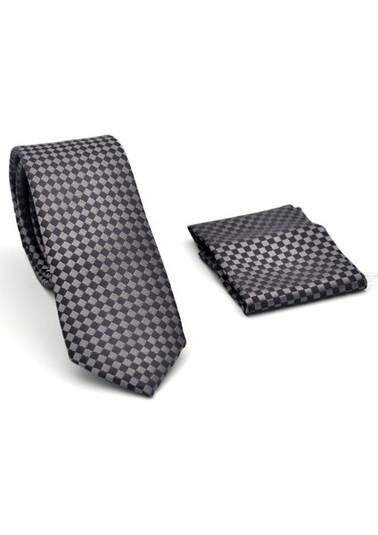 Kahverengi Piti Kare Desenli Vizon Dokuma Kumaş Mendilli Slim Fit Kravat // SDK-2503-3 fiyatları