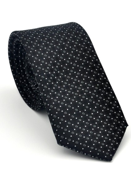 Beyaz Karışık Desenli Siyah Dokuma Kumaş Mendilli Slim Fit Kravat // SDK-2502-1