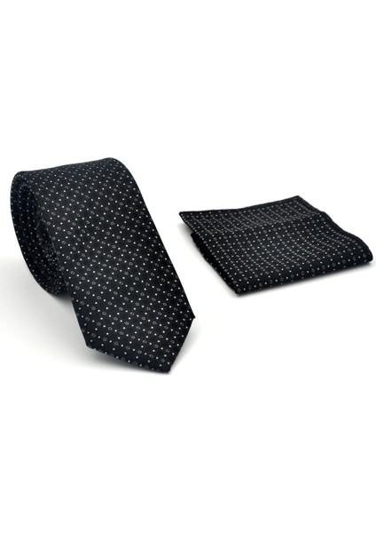 Beyaz Karışık Desenli Siyah Dokuma Kumaş Mendilli Slim Fit Kravat // SDK-2502-1 fiyatları