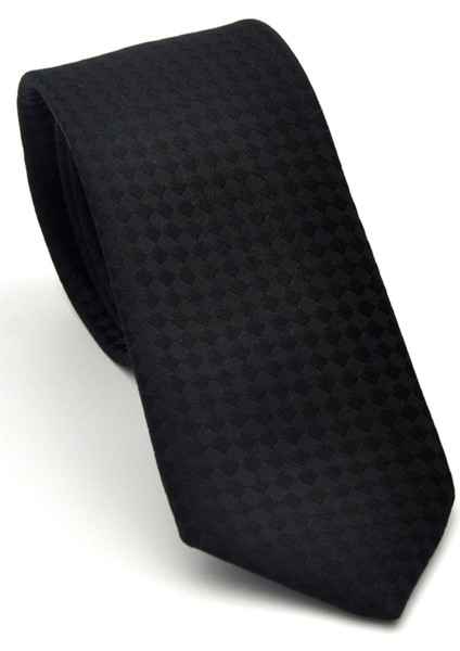 Siyah Piti Kare Desenli Siyah Dokuma Kumaş Mendilli Slim Fit Kravat // SDK-2503-1