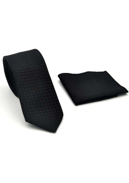 Siyah Piti Kare Desenli Siyah Dokuma Kumaş Mendilli Slim Fit Kravat // SDK-2503-1 fiyatları