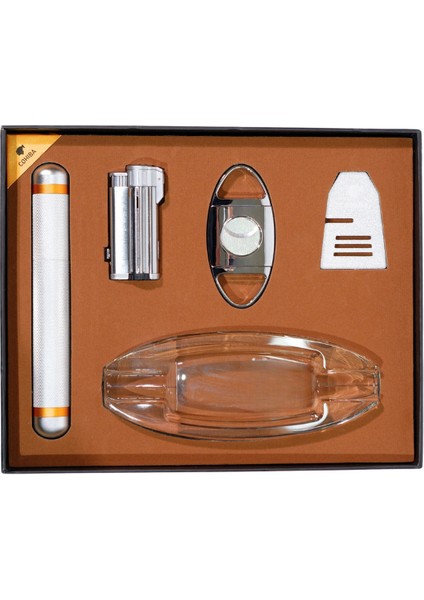 Çakmak Kesici Küllük Sehpa Tüp Gümüş Beşli Puro Seti