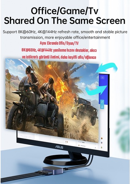 8K+4K DisplayPort Dp Dağıtıcı Switch DP 1.4 Anahtar 3'ü 1 Arada Splitter Dönüştürücü Dağıtıcı 48Gbps 8K-60Hz 4K-144Hz PC Monitörü Projektör TV için Adaptör Ce Lisanslı Orjinal