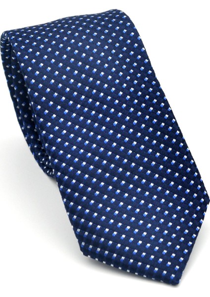 Beyaz Küçük Kare Desenli Lacivert Dokuma Kumaş Mendilli Slim Fit Kravat // SDK-2511-2