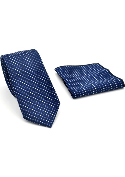 Beyaz Küçük Kare Desenli Lacivert Dokuma Kumaş Mendilli Slim Fit Kravat // SDK-2511-2 fiyatları