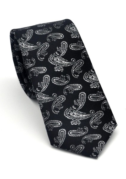 Gri Şal Desenli Siyah Dokuma Kumaş Mendilli Slim Fit Kravat // SDK-2507-1