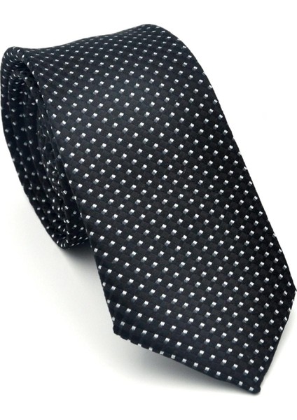 Beyaz Küçük Kare Desenli Siyah Dokuma Kumaş Mendilli Slim Fit Kravat // SDK-2511-1