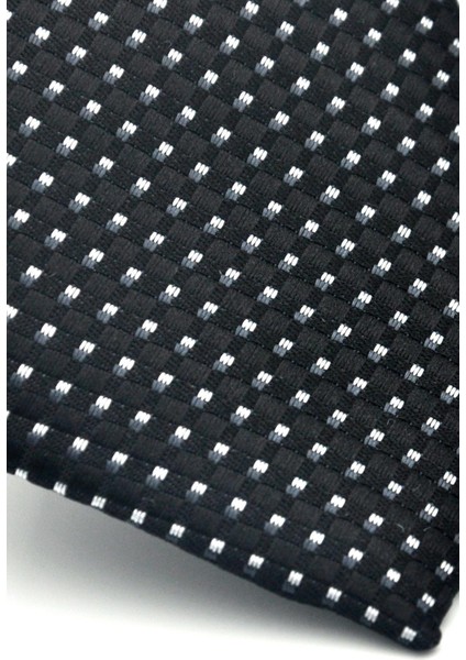 Beyaz Küçük Kare Desenli Siyah Dokuma Kumaş Mendilli Slim Fit Kravat // SDK-2511-1 modelleri