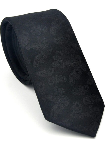 Şal Desenli Siyah Dokuma Kumaş Mendilli Slim Fit Kravat // SDK-2512-1