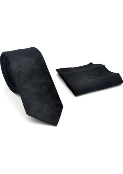 Şal Desenli Siyah Dokuma Kumaş Mendilli Slim Fit Kravat // SDK-2512-1 fiyatları