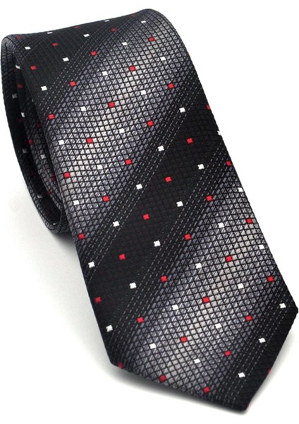 Gri Verev Desenli Siyah Dokuma Kumaş Mendilli Slim Fit Kravat // SDK-2505-1