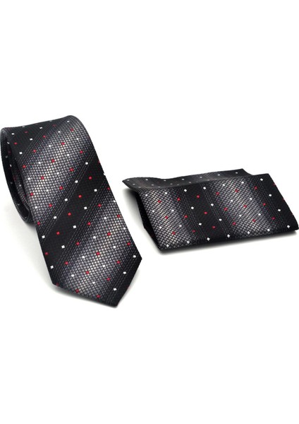 Gri Verev Desenli Siyah Dokuma Kumaş Mendilli Slim Fit Kravat // SDK-2505-1 fiyatları