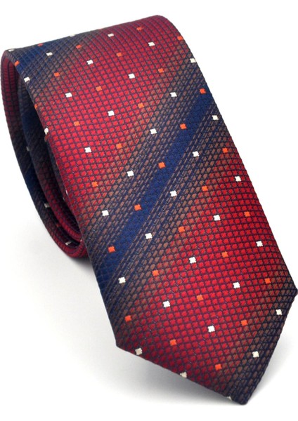 Lacivert Verev Desenli Bordo Dokuma Kumaş Mendilli Slim Fit Kravat // SDK-2505-3