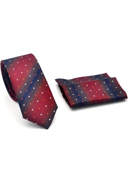 Lacivert Verev Desenli Bordo Dokuma Kumaş Mendilli Slim Fit Kravat // SDK-2505-3 fiyatları