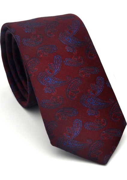 Lacivert Şal Desenli Bordo Dokuma Kumaş Mendilli Slim Fit Kravat // SDK-2507-3