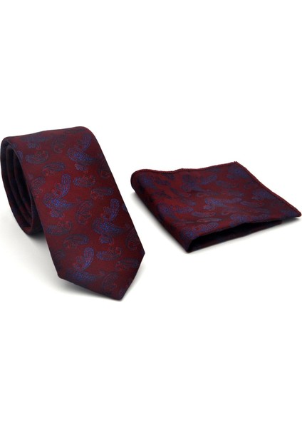 Lacivert Şal Desenli Bordo Dokuma Kumaş Mendilli Slim Fit Kravat // SDK-2507-3 fiyatları