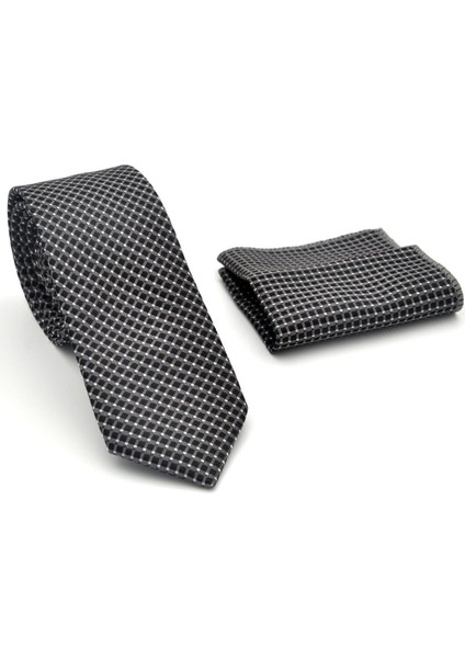 Beyaz Küçük Kare Desenli Füme Dokuma Kumaş Mendilli Slim Fit Kravat // SDK-2511-6 fiyatları