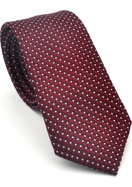 Beyaz Küçük Kare Desenli Bordo Dokuma Kumaş Mendilli Slim Fit Kravat // SDK-2511-3