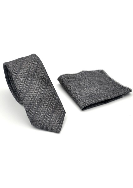 Gri Kırcıllı Desenli Füme Dokuma Kumaş Mendilli Slim Fit Kravat // SDK-2501-3 fiyatları