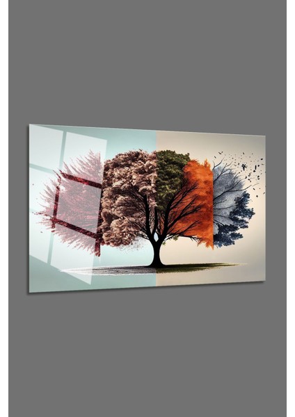 Yatay Hayat Ağacı Cam Tablo, Sonbahar Temalı Dekoratif Duvar Sanatı, Şık Ev Dekoru