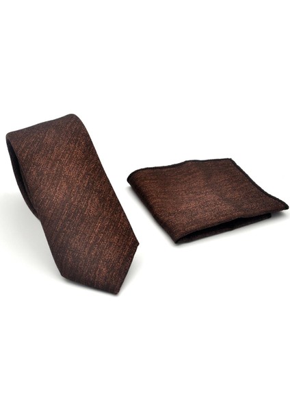 Bej Kırcıllı Desenli Koyu Kahverengi Dokuma Kumaş Mendilli Slim Fit Kravat // SDK-2501-6 fiyatları