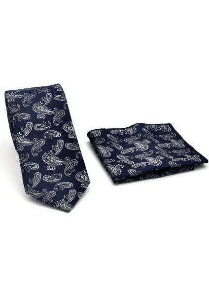 Gri Şal Desenli Lacivert Dokuma Kumaş Mendilli Slim Fit Kravat // SDK-2507-2 fiyatları