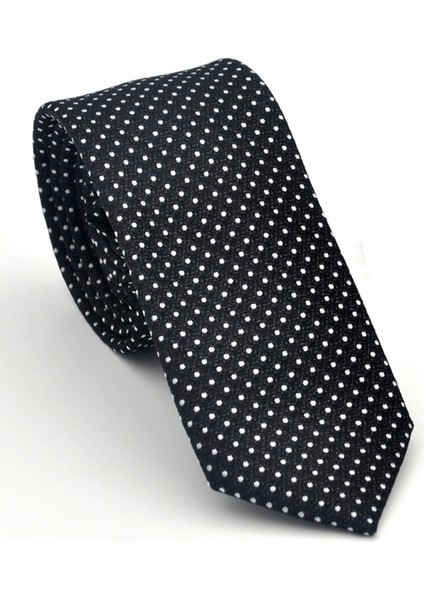 Beyaz Nokta Desenli Siyah Dokuma Kumaş Mendilli Slim Fit Kravat // SDK-2510-1