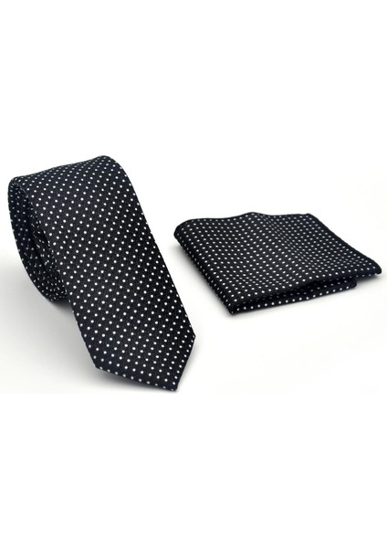 Beyaz Nokta Desenli Siyah Dokuma Kumaş Mendilli Slim Fit Kravat // SDK-2510-1 fiyatları