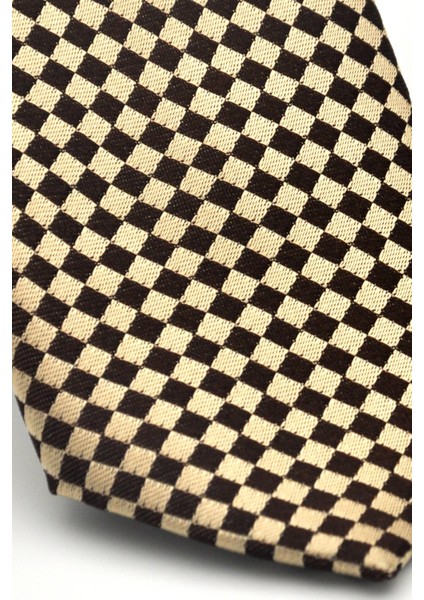 Kahverengi Piti Kare Desenli Bej Dokuma Kumaş Mendilli Slim Fit Kravat // SDK-2503-5 modelleri