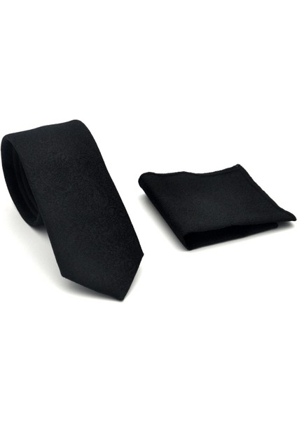 Şal Desenli Siyah Dokuma Kumaş Mendilli Slim Fit Kravat // SDK-2508-1 fiyatları