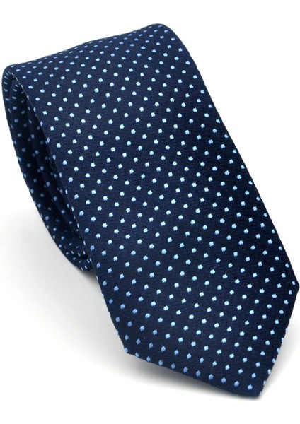 Mavi Nokta Desenli Lacivert Dokuma Kumaş Mendilli Slim Fit Kravat // SDK-2510-2