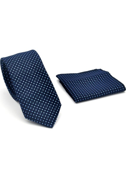 Mavi Nokta Desenli Lacivert Dokuma Kumaş Mendilli Slim Fit Kravat // SDK-2510-2 fiyatları