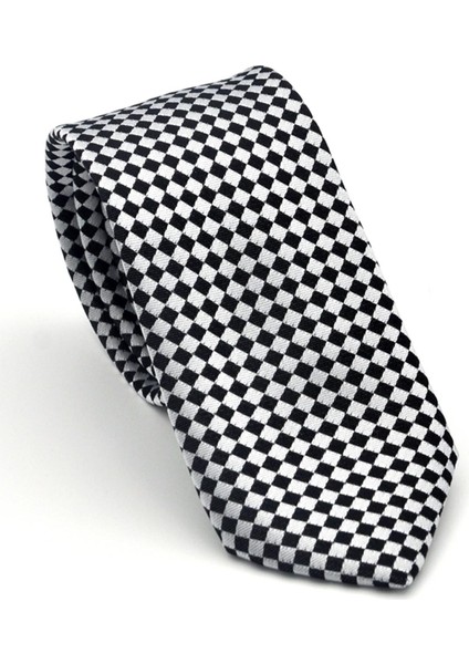Siyah Piti Kare Desenli Beyaz Dokuma Kumaş Mendilli Slim Fit Kravat // SDK-2503-4