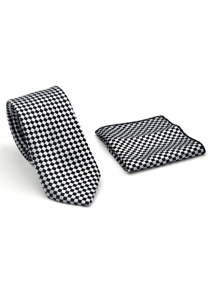 Siyah Piti Kare Desenli Beyaz Dokuma Kumaş Mendilli Slim Fit Kravat // SDK-2503-4 fiyatları